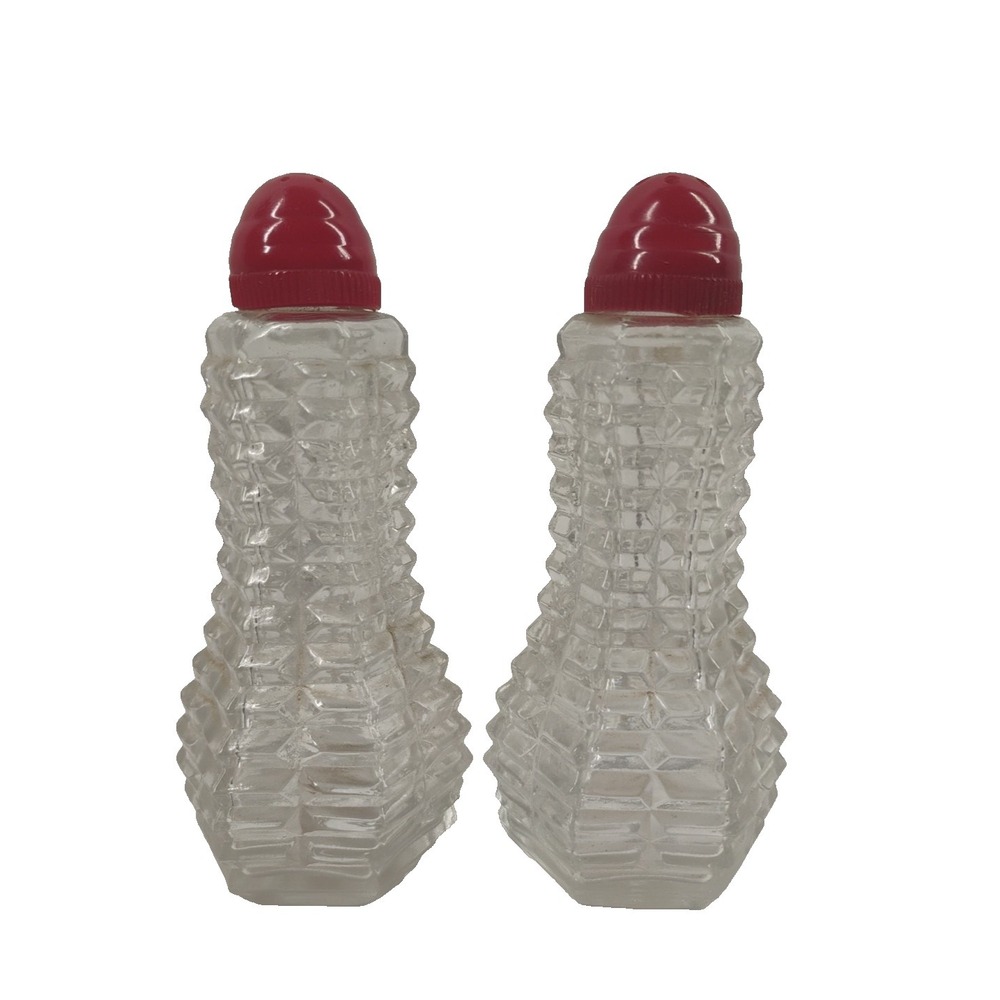 Vintage Waffle Print Glass 4.25" Salt & Pepper‎ Shakers Red Plastic Lids
